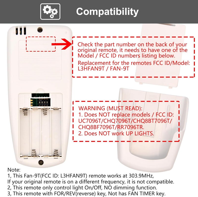 CENMING 9T Thermostatic Ceiling Fan Remote Control Replacement Remote for Hampton Bay,with Reverse Timer 3-Speed, LCD Display Temp 303.9MHz, No Light Dimmer,for L3HFAN9T FAN-9T(Remote Only) - Image 3